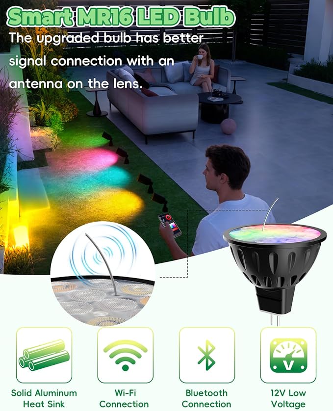 Upgraded Smart WiFi MR16 LED Bulbs Dimmable, RGBW MR16 LED Bulb Color Changing, GU5.3 Bi-pin Base, Multicolor CCT Tunable, Memory Function, Music Sync for 12V Low Voltage Spotlight 2-Pack