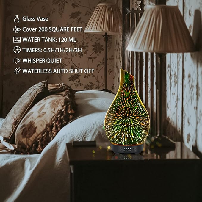 Essential Oil Diffuser Aromatherapy Diffuser - Art Glass Oil Diffuser with Auto Shut-Off Protection 4 Timer Setting 7 Colors Changed LED Night Light for Home Office Decor Gift (3D Fireworks)