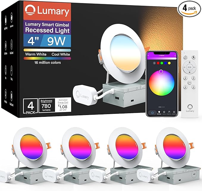 Lumary Smart Gimbal Recessed Lighting 4 Inch with Remote, RGBWW WiFi Ceiling Light 355° Swivel & 20° Tilt, Work with Alexa Google, Adjustable LED Can Lights Canless with J-Box, 780lm CRI90, 4Pack