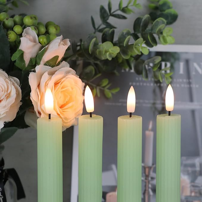Wondise Flameless Flickering Taper Candles with Remote and Timer, Battery Operated 3D Wick Real Wax LED Taper Candles 6 Packs for Spring Dinner Holiday Decor(0.78 x 9.64 Inches，Green)