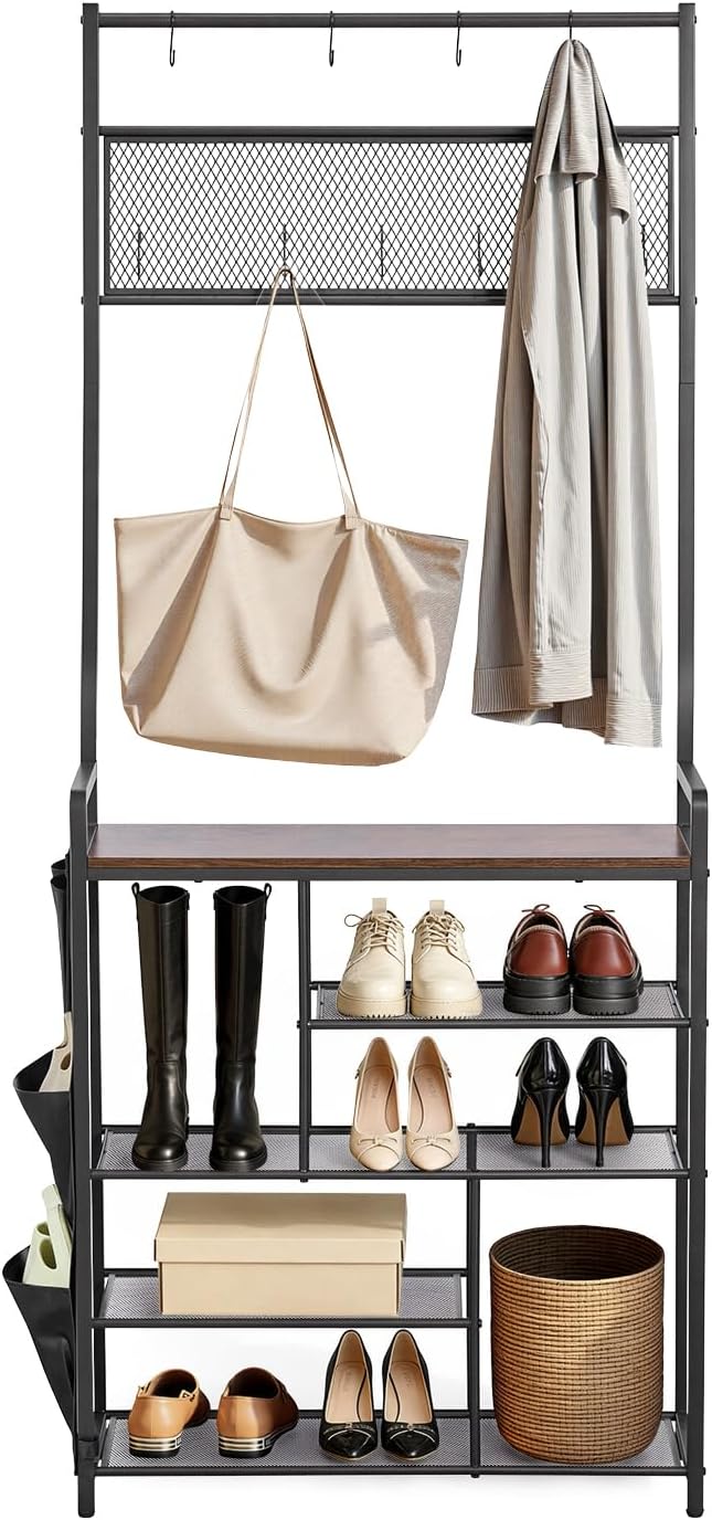 VEVOR Hall Tree, 70.9 in Coat Rack with Shoe Storage, Freestanding 4-Tier Shoe Rack Organizer with Hooks, Side Pocket and Wire Shelf, Steel Frame Entrance Coat Holder for Entryway, Bedroom, Closet