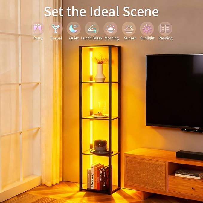 RGBCW Floor Lamp with Shelves, LED Smart Modern Floor Lamp with Music Sync, Color Changing Corner Display Shelf Lamp, Standing Lamp with Shelves for Living Room and Bedroom, Office, Black