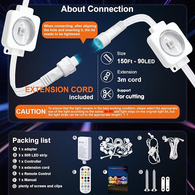 Permanent Outdoor Lights 150FT, Smart RGB+IC Eave Lights with Remote APP Control, DIY LED Color Individual, White & Colorful Christmas String Light, IP67 Waterproof for House Outside Decor