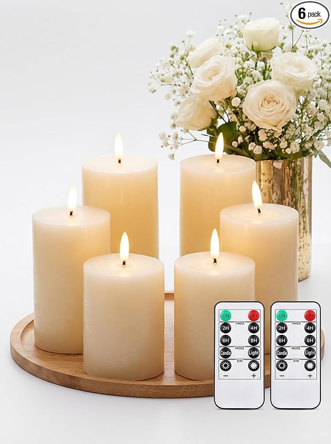 Leelosp 6 Pack Flameless Candles with Remote Timer, Battery Operated Flickering Flameless Candles Bulk Flat Top Pillar LED for Wedding Festival Outdoor Home Decor D 3'' H 4'' 5'' 6'' (Ivory White)
