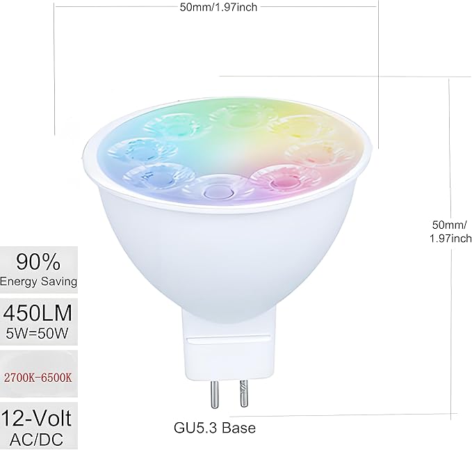 Smart MR16 LED Bulb Dimmable Color Changing, 12V Gu5.3 Bi-pin Base, WiFi & Bluetooth LED Bulbs Work with Alexa Google, Color Changing Sync with Music, for Living Room, Bedroom, Office,Hotel etc. 2Pack