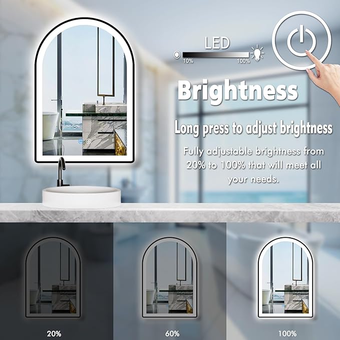 16 x 24 Inch Black LED Arch Mirror with Lights Black Frame Arched LED Vanity Mirror for Bathroom Wall Makeup Desk Black Framed Arch Lighted Mirror 3Color AntiFog 24" Arch Smart Light up Mirror