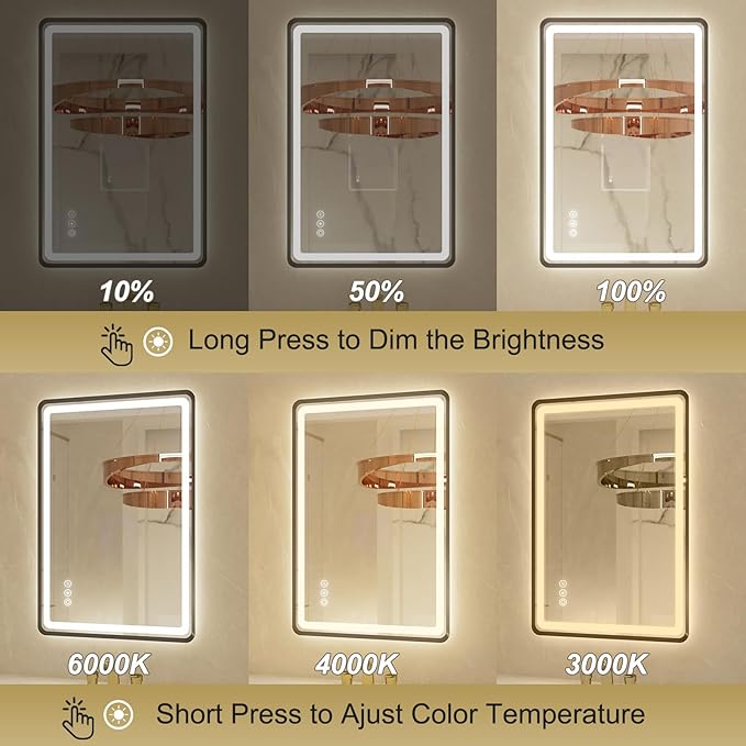 24x36 Inch Black Frame LED Bathroom Mirror with Lights, Dimmable Smart Lighted Bathroom Mirror, Anti-Fog, 3 Colors, Frontlit and Backlit, Waterproof, Memory Function Wall Mirror for Bathroom