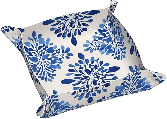 Simple Minimal Blue Floral Pattern Valet Tray Leather Portable Tray Desktop Storage Organizer Bedside for Men Women Jewelry Keys Coin Candy Sundries