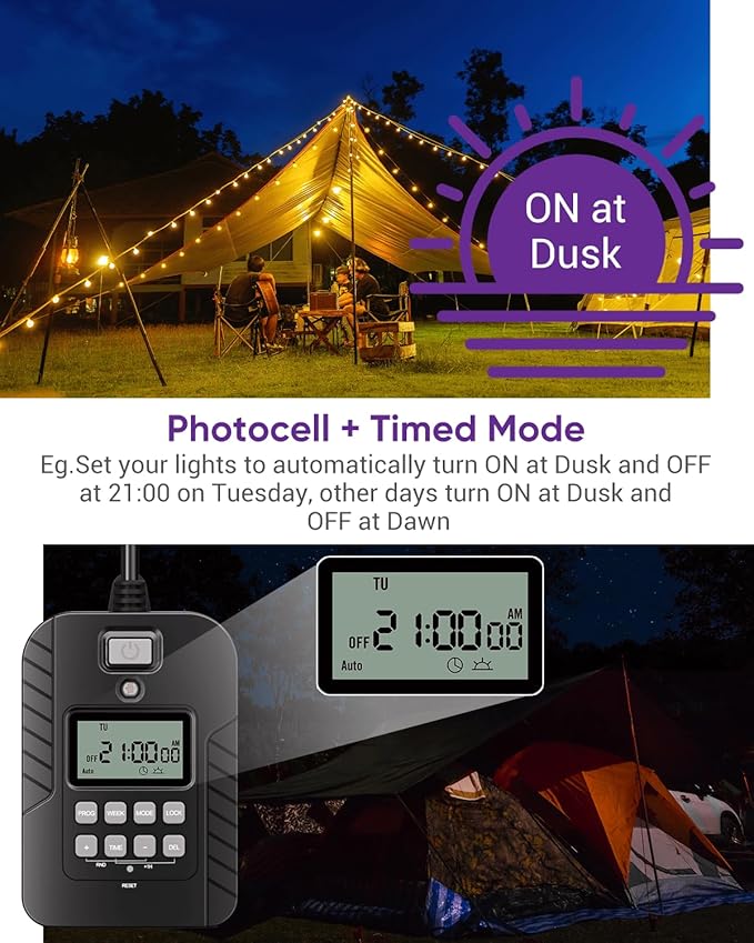 NEARPOW Outdoor Light Timer, Waterproof Digital Timer Outlet, Dusk to Dawn Countdown Timer Plug, 7 Day Programmable 24 Hours Electrical Timer, 2 Grounded Outside Timers for Christmas Lights, 15A 1/2HP
