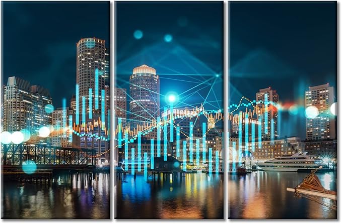 TUMOVO 3 Panel Wall Art Forex Financial Graph and Chart Hologram Paintings Modern Home Decor Boston Skyline Buildings Pictures Wall Decor Living Room Framed Ready to Hang (60" Wx40 H)