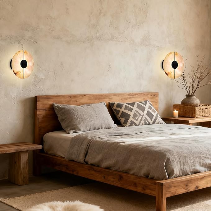 White Alabaster Wall Sconce Natural Marble Wall Sconce Vintage Gold Round Store Modern LED Wall Light Fixture Mid Century Wall Mounted Lamp for Bedroom Hallway Living Room Bathroom Kitchen