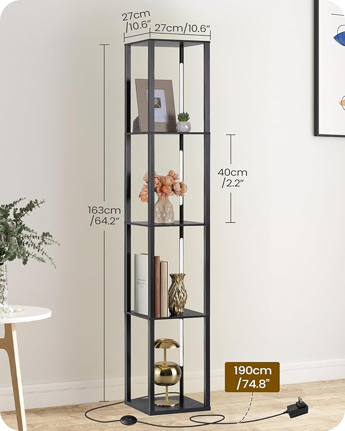 64.2" Display Shelf with Light, Modern Corner Floor Lamp with Shelves, LED Dimmable Standing Lamp with Remote for Living Room, Bedroom, Office, Adjustable CCT, Black Square B51LD05