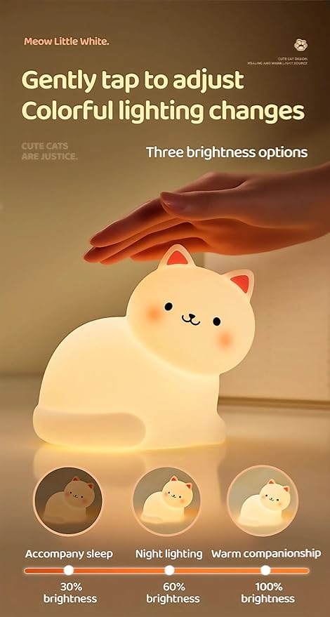 Cat Night Light for Kids,7 Colors Lamp,Tap Dimmable,Rechargeable Portable and Squishy Silicone Led Nightlight,Kawaii Gift,Timing Bedside Lamp,Nursery,Toddler,Breastfeeding,Kids Room Decor,Birthday