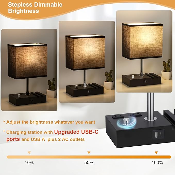 Kakanuo Table Lamp for Bedroom with Dual USB Ports, Fully Dimmable Black Bedside Lamp with Phone Stands and 2 Charging Outlets, Desk Lamp for Nightstand and Living Room, LED Bulb Included