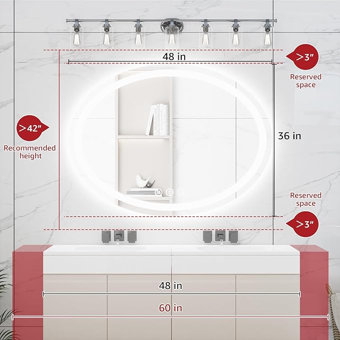 48"x36" Oval LED Mirror for Bathroom,Lighted Bathroom Vanity Mirror with Lights - Anti-Fog,Front Light and Backlit, Dimmable, 3 Colors,Mirror with Touch Sensor,Espejos para Baños