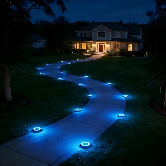 Flacchi Solar Lights Outdoor Waterproof - 2-in-1 Solar Powered Ground Lights Outdoor Solar Disk Light Landscape Light for Deck Step Patio Yard Pathway Walkway Driveway Garden (Blue, 12 Pack)