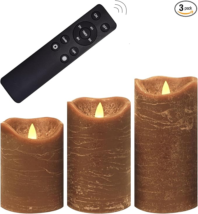 CANDLE CHOICE Real Wax Battery Operated Flameless Candles with Remote Automatic Daily Cycle Timer Realistic Flickering Electric LED Pillars Wedding Party Holiday Decoration 3 Pack Rustic Texture Brown