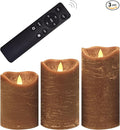 CANDLE CHOICE Real Wax Battery Operated Flameless Candles with Remote Automatic Daily Cycle Timer Realistic Flickering Electric LED Pillars Wedding Party Holiday Decoration 3 Pack Rustic Texture Brown