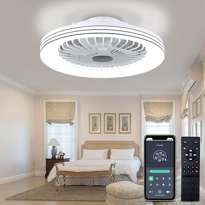 24" Low Profile Bladeless Ceiling Fan with Light, Enclosed Flush Mount Remote/APP Control, 3CCT Dimmable Light, Quiet 6 Speeds Timing Reversible