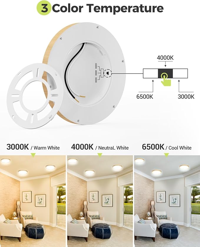 6PACK Flush Mount Ceiling Light Fixtures - 3000K-4000K-6500K & 100W Equivalent Flat Led Lights for Room Ceiling,7.5Inch Ultra Thin Round White Ceiling Lights for Bedroom,Kitchen,Bathroom (Wood