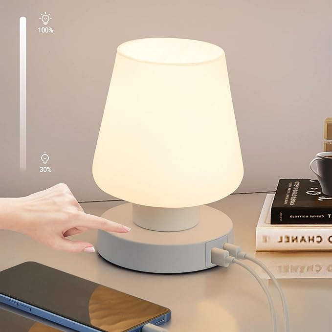 Touch Bedside Lamp, Mini Stepless Dimmable Table Lamps for Bedroom for Night Stands, Small Desk Lamp with Brightness Memory, USB Charging Ports, Warm LED Bulb, White, Conical Shape, 1 Set