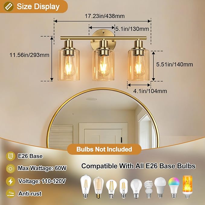 3-Light Bathroom Light Fixtures, Brushed Gold Vanity Light, Farmhouse Wall Lights with Amber Glass Shades, Bathroom Wall Lamp for Mirror Kitchen Bedroom Hallway Living Room