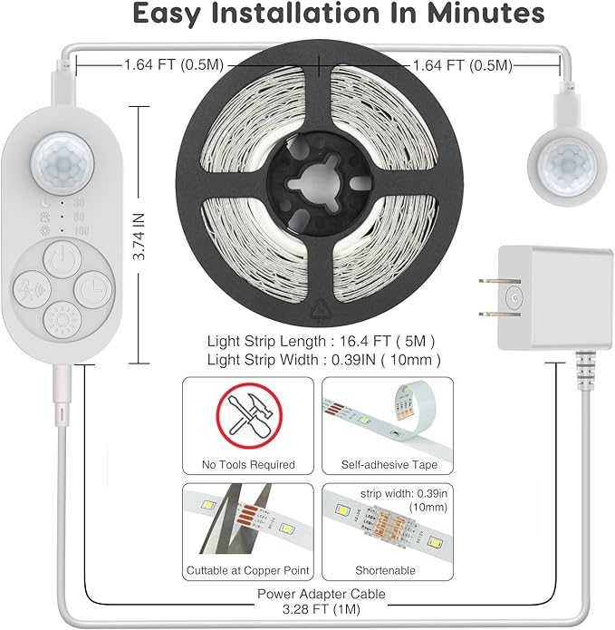 Dual Motion Sensor Light Indoor - Plug-in Motion Activated Step Stair LED Strip with Double Sensors, Dimmer and Timer for Stairway, Bedroom, Corridor (Warm White 3000K 16.4FT Light Strip)