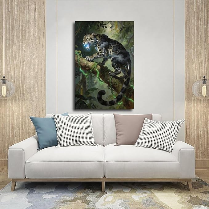 Framed Steampunk Mechanical Leopard Wall Art - Jungle Futuristic Beast Poster for Man Cave Living Room Decor 20x30inch(50x75cm)