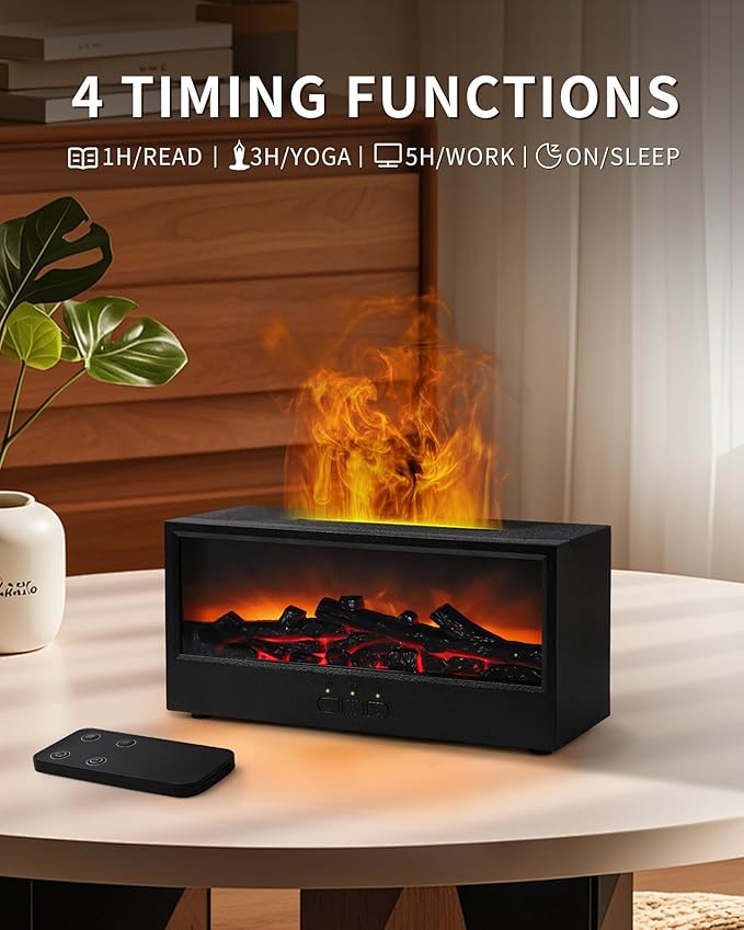 Essential Oil Diffuser, 7-Color Fireplace Flame Aromatherapy Humidifier, 150ml Ultrasonic Humidifier with Remote Control, Timer & Auto-Off, Gift for Bedroom Home Office and Yoga