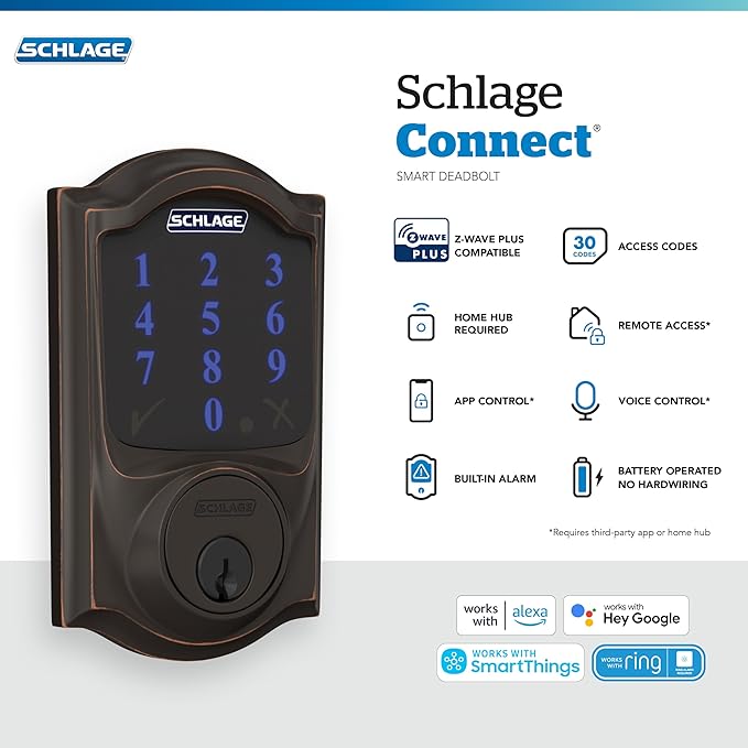 SCHLAGE BE469ZP CAM 716 SCHLAGE Connect Smart Deadbolt With Alarm Inbuilt Camelot Trim In Aged Bronze.