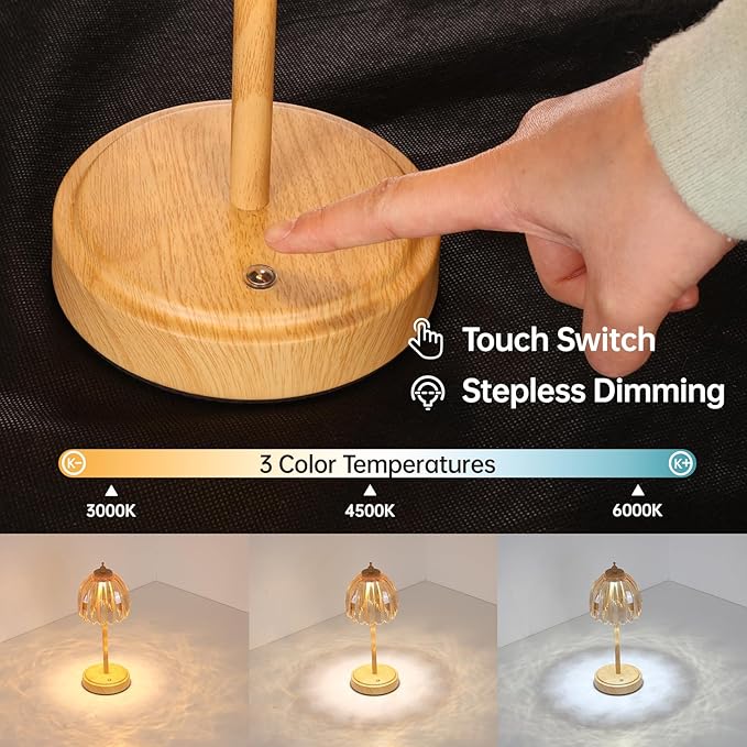 Tulip Table Lamp with 5200mAh Battery & Touch Control, Small Cordless Table Lamp with 3 Colors, Rechargeable Battery Operated Table Lamps for Bedroom, Desk, Bedside (Amber-Beech Color)