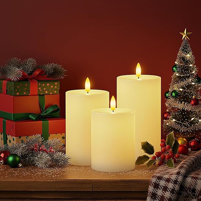 Homemory White Flameless Candles Φ 3" H456 Battery Operated with Remote Timer, Real Wax LED Pillar Candle for Home Fireplace Bedroom Living Room, Set of 3