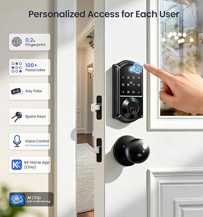 Veise VE017 Fingerprint Smart Door Lock, App Control, 8-in-1 Keyless Entry, Auto Lock, Emergency Power Port, Electronic Touchscreen Keypad, Biometric Smart Locks for Front Door, Matte Black