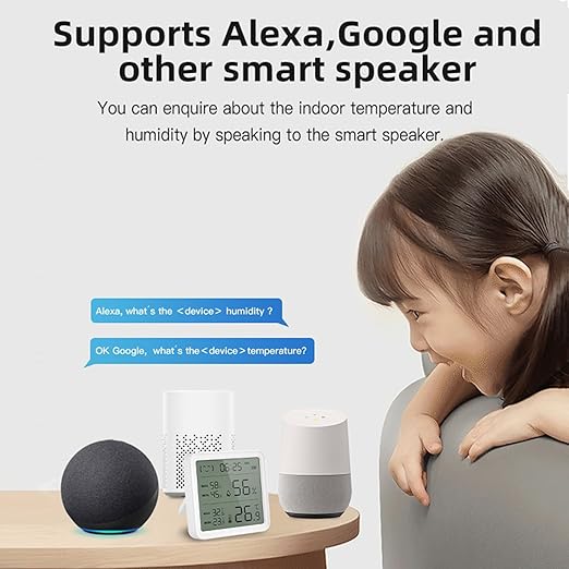 Smart WiFi Temperature Humidity Sensor, Wireless Thermometer Hygrometer, Built-in Clock and Time Display,Smart Temperature Humidity Monitor withTuya App,Compatible with Alexa,Google Home,Siri (White)