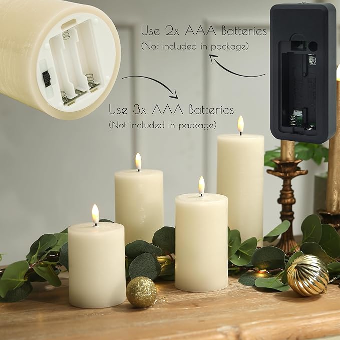 Flameless Candles, 4 Pack Battery Operated Candles with Remote, Real Wax LED Fake Candles with Timer Flickering for Christmas Wedding Home Party D3 H 5" 6" 7" 9" Ivory