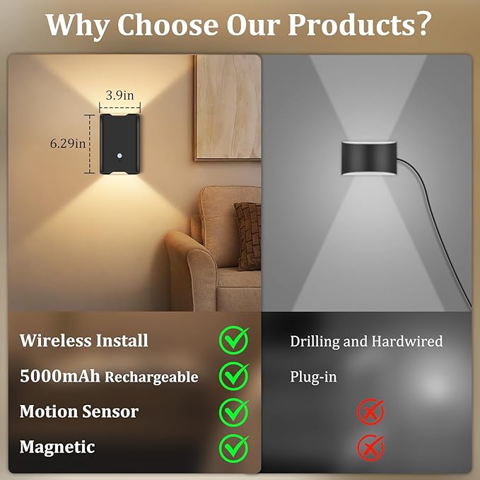 Eneru Rechargeable Motion Sensor Night Light: 5000mAh Black Battery Operated Wall Sconce with Remote Control, 3 Colors Wireless Stair Lights Indoor, Magnetic LED Night Lamp for Hallway Porch, 1 Pack