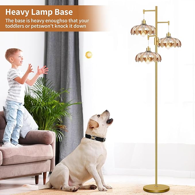 Dimmable Floor Lamp for Living Room Bedroom-3 Light Gold Floor Lamp with Glass Lampshape, Flower Tall Lamp Mid Century Modern Standing Lamp Glass Tree Floor Lamps for Living Room Bedroom,Corner