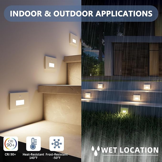 12 Pack Motion Sensor Stair Lights Indoor Outdoor, 120V Hardwired Motion Activated Step Lights, 4W 300LM Dimmable 5CCT Stairway Lighting, 2700K/3000K/4000K/5000K/6500K, ETL, White