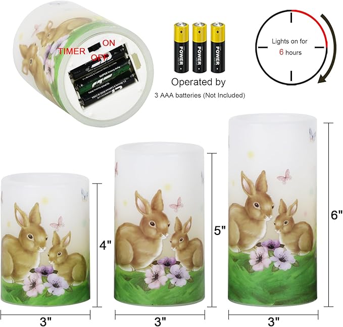 DRomance Easter Bunny Flameless Flickering Candles with 6 Hour Timer, Battery Operated Real Wax White LED Pillar Candles Warm Light Dinner Table Home Decor(3 x 4,5,6 Inches)