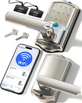 Veise VE029 WiFi Smart Lever Lock, Fingerprint Keyless Entry Door Lock with Handle, Built-in WiFi, Remote App Control, Electronic Digital Knob for Front Door and Bedroom, IP65 Waterproof, Satin Nickel