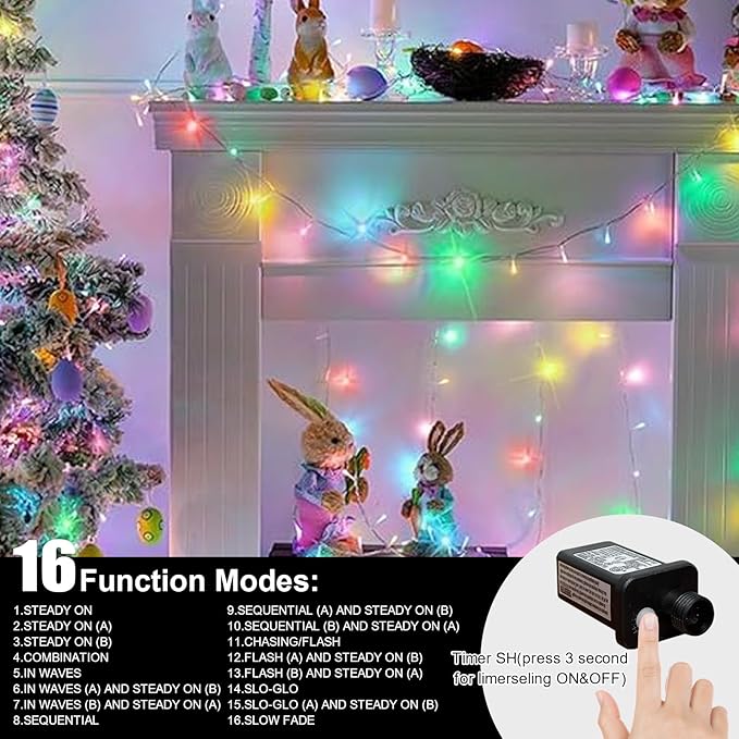 99ft Pastel Easter Lights String, Christmas Mini Light, 300 LED with 16 Light Modes, easter Fairy Lights Plug in for Outdoor Xmas Trees Garland Wreath Holiday Decorations(Green Warm Pink Blue Purple)