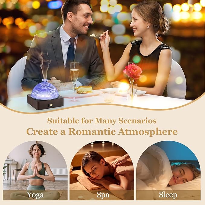 Glass Essential Oil Diffuser with Glass Reservoir & WoodBase, 200ml Ultrasonic Lock Color Timer Auto-Off 7 Color Light Aroma Glass Dome Diffuser for Home Office Bedroom Yoga - Dark Brown