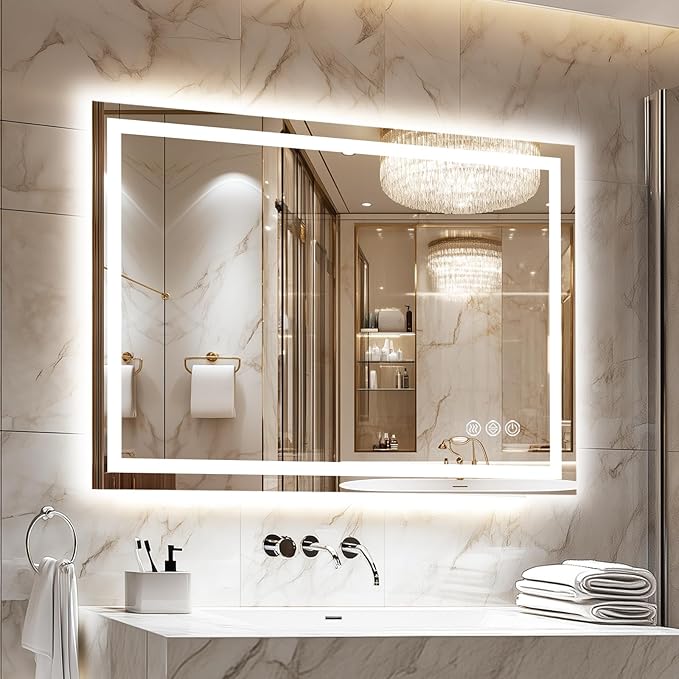 LED Bathroom Mirror, 48"x36" with Frontlit and Backlit Anti-Fog Mirror with Lights LED Vanity Mirror for Bathroom 3 Colors Temperature & Dimmable Bathroom Mirror with HD Tempered Glass