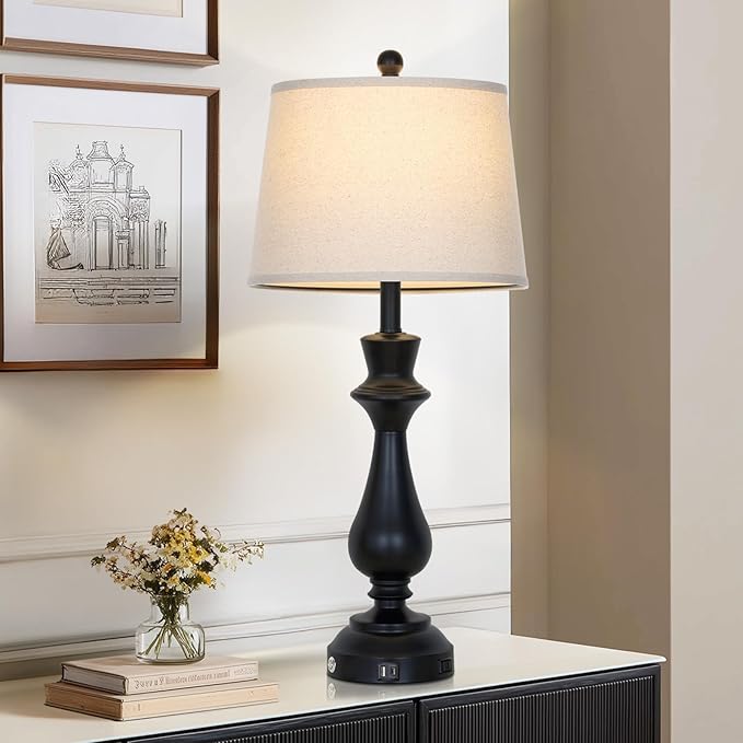 Touch Lamps for Night Stand - 29.5" Tall Bedside Lamp with USB C+A, 3 Way Dimmable Bedroom Lamps, Black Metal Table Lamps for Living Room,Single Black