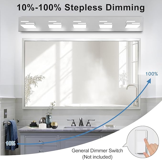 LED Modern Bathroom Vanity Light Fixtures, 5-Light 34-inch Dimmable Chrome Vanity Lights for Bathroom Lighting Fixtures Over Mirror, with 350° Rotatable Heads (Cool White 6000K)