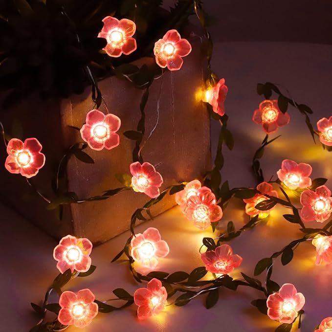 Cherry Blossom Decor Flower String Lights Vines with Fairy Lights Christmas, 30 LED Copper with Remote Control Battery Operated Pink Flower Garland Leaf for Locker, Wall,Christmas Decorations-4 Pack