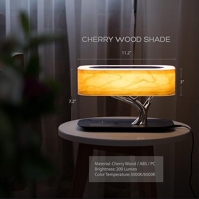 Bonsai Modern LED Bedside Smart Table Lamp with Built-in TWS Bluetooth Speaker and Qi Wireless Charger for Home and Office, Stepless Dimming with Sleep Mode (Tree of Light)
