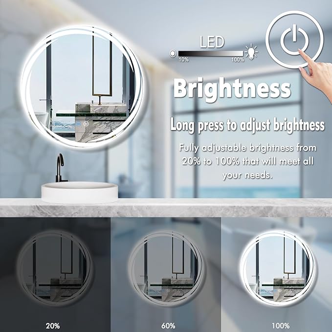 24 Inch Unique Swivel Round Lighted Mirror for Bathroom Hotel Wall LED Round Vanity Mirror with Lights Smart Memory 3 Color Dimmable AntiFog 24" Frameless Backlit Rounds Circle Lighted Mirrors