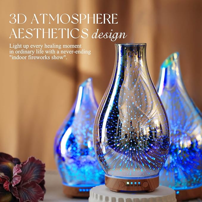 Porseme Essential Oil Diffuser 3D Glass Aromatherapy Ultrasonic Humidifier Cool Mist, Auto Shut-Off, Timer Setting, BPA Free for Home Office Hotel Yoga Gym Leisure SPA Gift 100ml