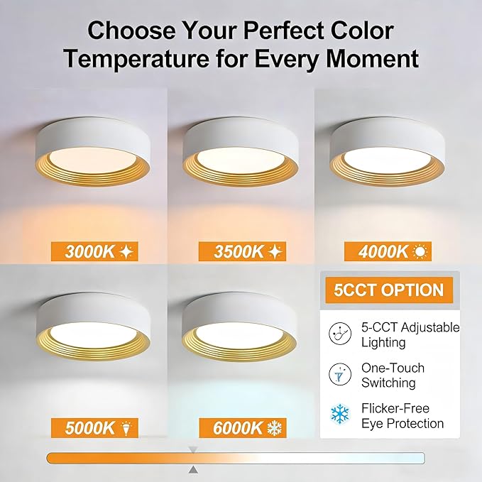 Dimmable Modern LED Flush Mount Ceiling Light,11.8 Inch 5CCT 24W/3000K-6000K,Minimalist Round White and Gold Close to Ceiling Lighting Fixtures for Kitchen,Hallway,Laundry Room,Entryway,Porch